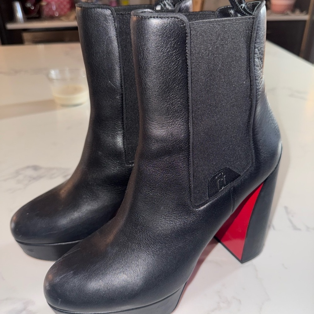 Black Leather Ankle Boots with Red Sole